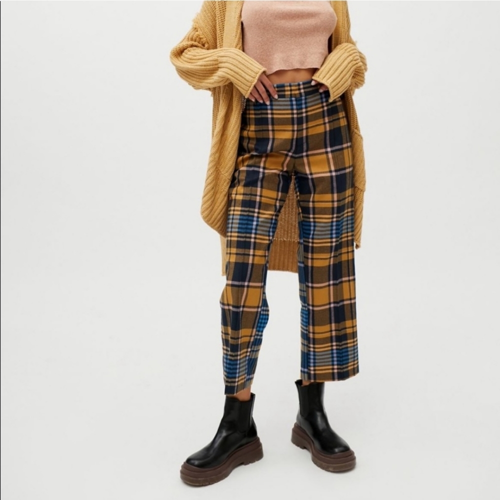 Urban Outfitters Claire Yellow Blue Plaid High Waisted Cropped Trousers Size 6